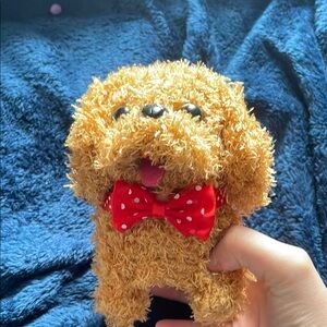 Adorable Tan Dog Plush Toy with Red Bow
